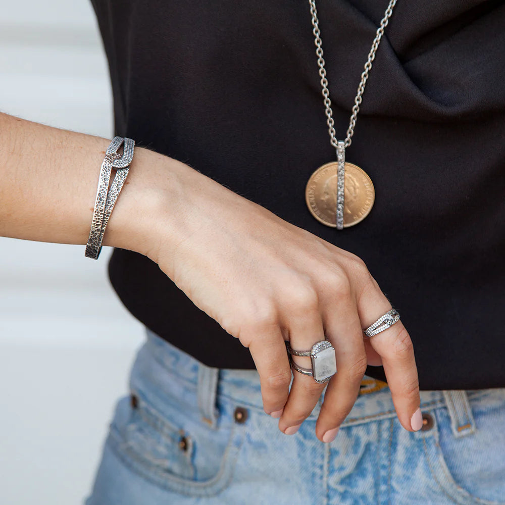 Gunmetal Rockove Crystal & Hammered Loop Bangle